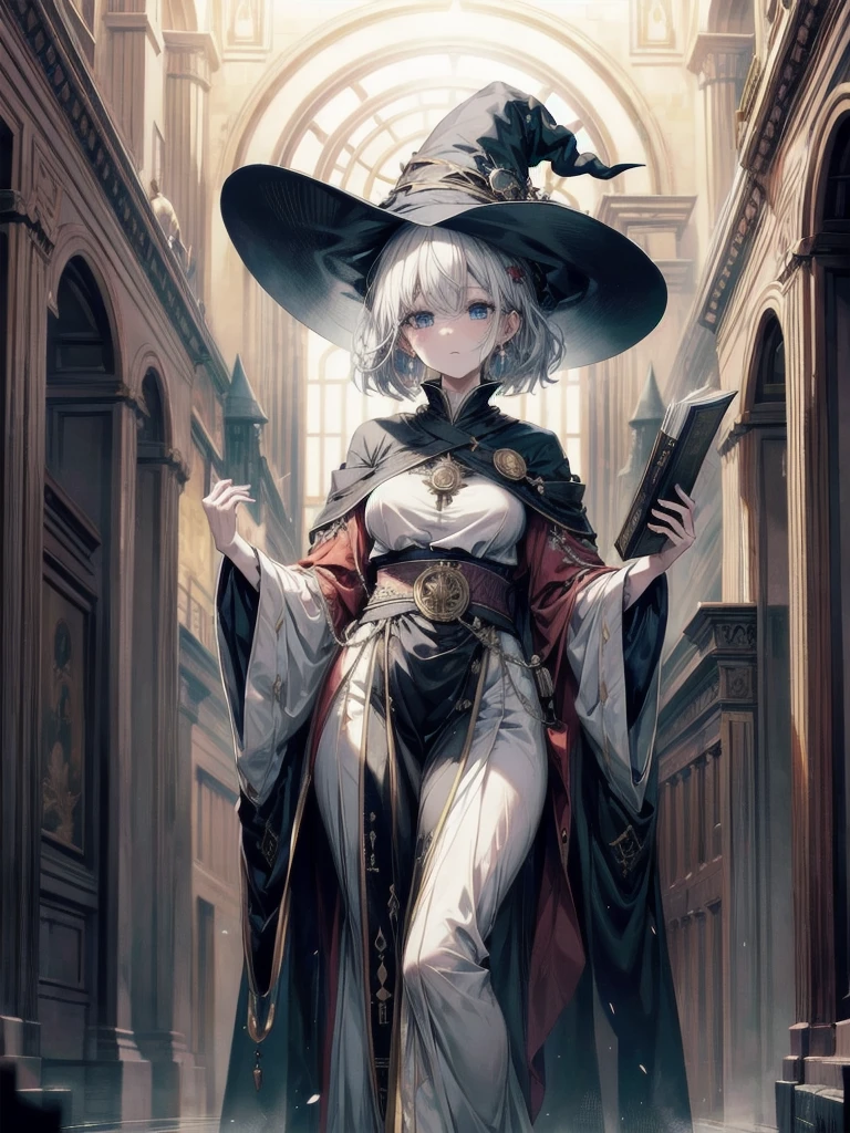wide view, whole body, Anime character, arcane books and scrolls, a grand fireplace, traditional witch outfit, hat, absurdres, RAW photo, extremely delicate and beautiful, masterpiece, Best Quality, ultra high resolution, 32k, hyperrealistic, ultra-detailed, perfect figure, perfect shape, detailed description, pale skin, 20 years old, detailed beautiful face and eyes, tearful mole, earring, short medium hair, wavy hair,