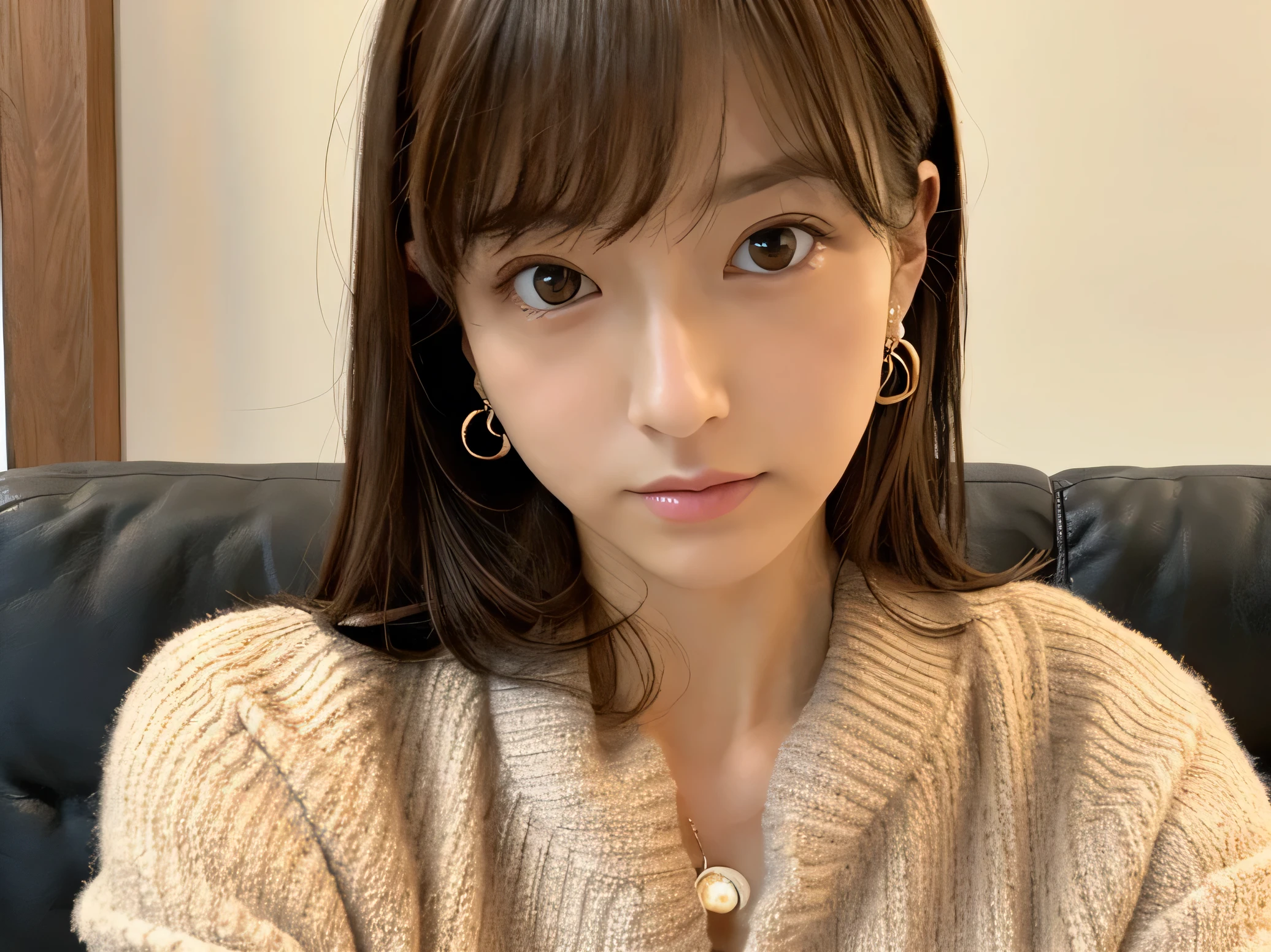 Look into the eyes, Eye contact, Front of face, Front face, face, head, Cross-legged, indoor, Brown Hair, bangs, Light clothing, cardigan, Sweat, Sweaty, Sweat, clavicle, Cross-legged, Light from below, chest, Earrings
