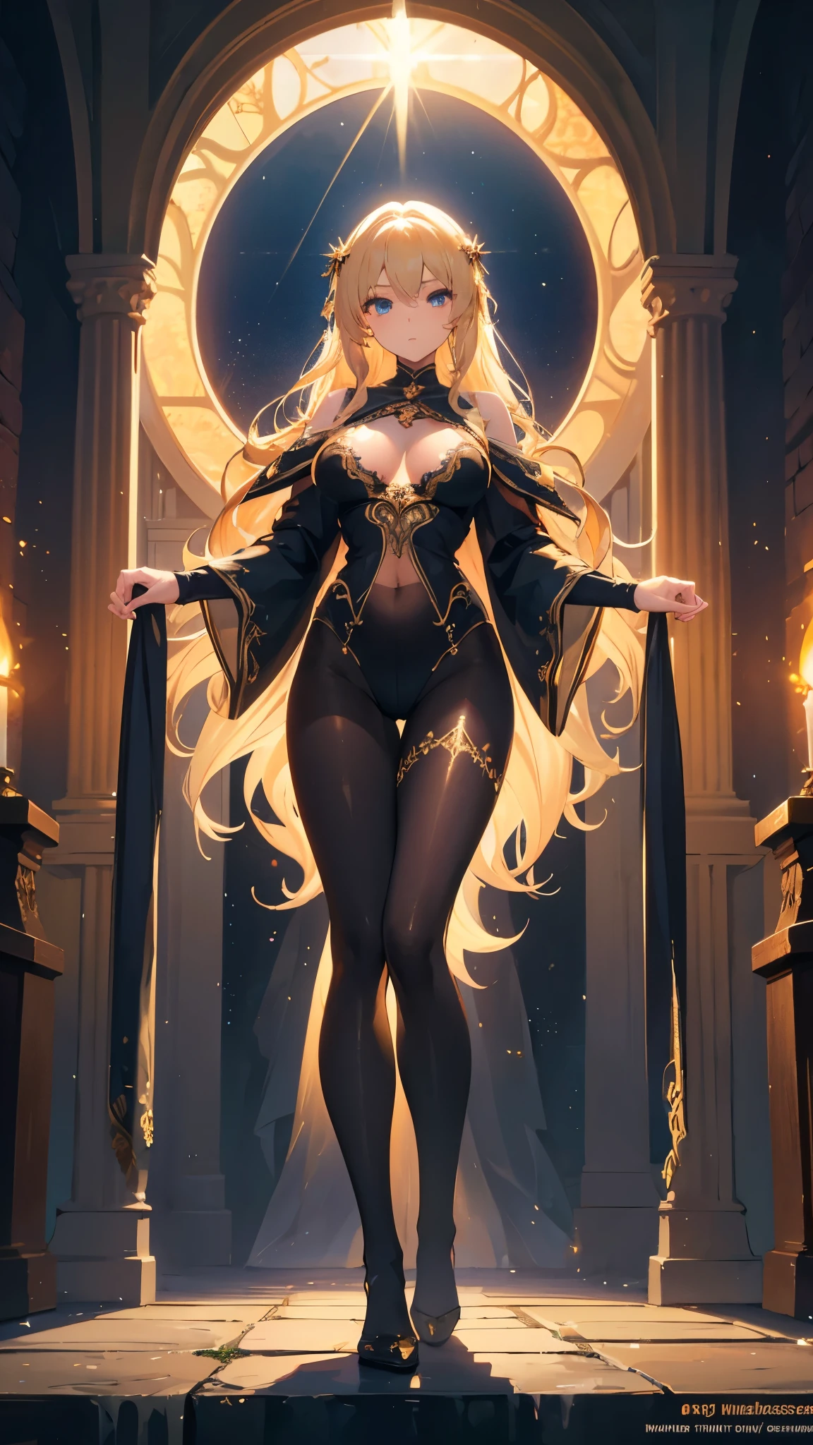 ((masterpiece, best quality)), Detailed face,Mage,robe,Full body painting,Perfect body proportions,Large Breasts,Long legs,blond,Long wavy hair,beautiful eyes,Fantasy style,extremely beautiful,Sun Crystal,outdoor,Holy Light,transparent,Sex bikini,Lace,Pantyhose,exposed,Star decoration