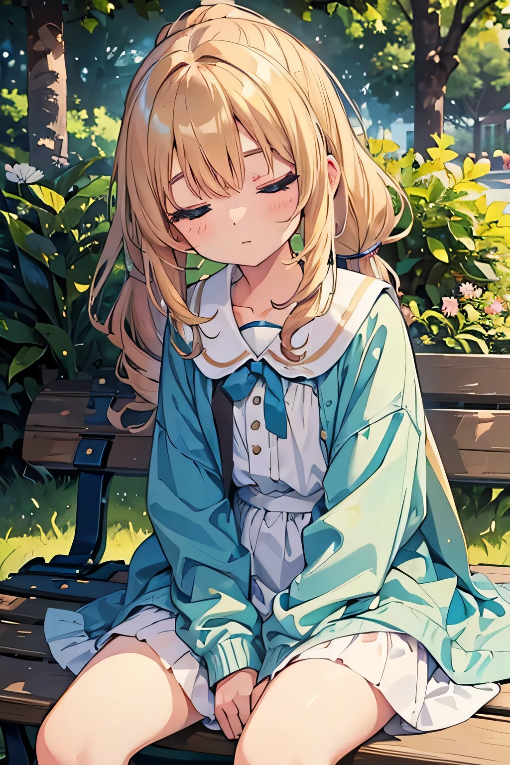 highest quality、High resolution、Detailed Background、(Beautiful face in every detail:1.4)、Anatomically correct、Hide your hands、(Detailed facial expressions)、(Detailed eyes:1.2)、(Detailed eyes:1.2)、Teenage beauty、(Highly detailed face:1.4)、Cute hair colour、Bob、ponytail、Twin tails、well-groomed eyebrows、A picturesque scene、

(A girl sleeping peacefully on a park bench:1.5)、

In a corner of the lush park, there is a bench with a shady, relaxing atmosphere.、
There you can see a girl sleeping with a relaxed expression.、
The soft sunlight reflects off the girl, giving her an angelic aura.、
The way she stretches out her legs and curls up in a ball makes her look like she is enjoying a truly blissful time.、Are you having fun in your dreams?、
Her calm expression truly expresses the girl&#39;s happy mood.、
The tranquil space surrounding the girl can truly be described as a picturesque scene.、
If you can quietly capture the girl relaxing, you can get a very cute shot.、
You can capture the gentle image of a girl resting comfortably in nature.