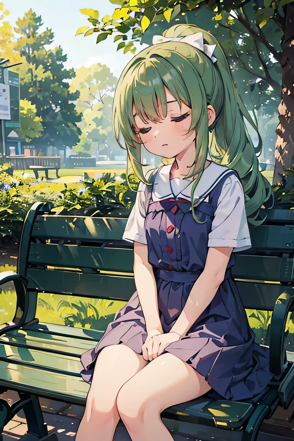 highest quality、High resolution、Detailed Background、(Beautiful face in every detail:1.4)、Anatomically correct、Hide your hands、(Detailed facial expressions)、(Detailed eyes:1.2)、(Detailed eyes:1.2)、age beauty、(Highly detailed face:1.4)、Cute hair colour、Bob、ponytail、Twin tails、well-groomed eyebrows、A picturesque scene、

(A girl sleeping peacefully on a park bench:1.5)、

In a corner of the lush park, there is a bench with a shady, relaxing atmosphere.、
There you can see a girl sleeping with a relaxed expression.、
The soft sunlight reflects off the girl, giving her an angelic aura.、
The way she stretches out her legs and curls up in a ball makes her look like she is enjoying a truly blissful time.、Are you having fun in your dreams?、
Her calm expression truly expresses the girl&#39;s happy mood.、
The tranquil space surrounding the girl can truly be described as a picturesque scene.、
If you can quietly capture the girl relaxing, you can get a very cute shot.、
You can capture the gentle image of a girl resting comfortably in nature.