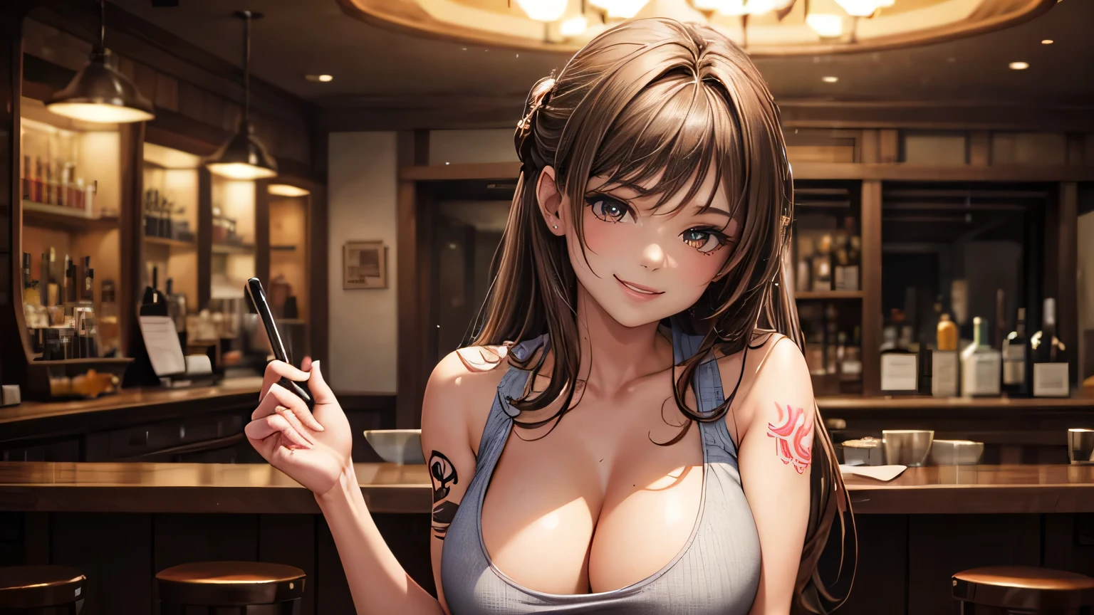 A flirtatious, provocative smile、Big Breasts、One female、Beautiful light brown hair、Updo,tattoo、Tank top,Ripped jeans,A deserted bar,Wilky,Ultra-high resolution, Accurate, Super detailed, Textured skin, High detail, highest quality, 8k, Detailed Hair,Detailed eyes,Focus on the face,Depict the figure from the waist up,Hooters