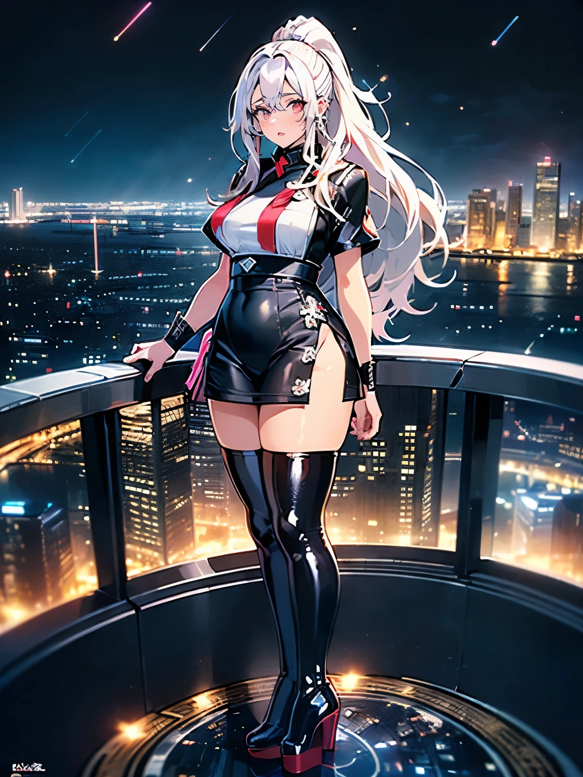 anime, (artwork, best quality, ultra-detailed, high contrast), 1 woman (Alone, full body, plus size body, standing on the edge of the skyscraper, silver hair, LONG In a ponytail, red eyes (detailed eyes), passionate expression, red lips (perfect lips), ruby sparkles, (simple black qipao), with leggins and high heel boots neon pink), transparent black socks), (skyscraper roof, overlooking a city, detailed background ((night time, Darkness, low light pollution))) face in close