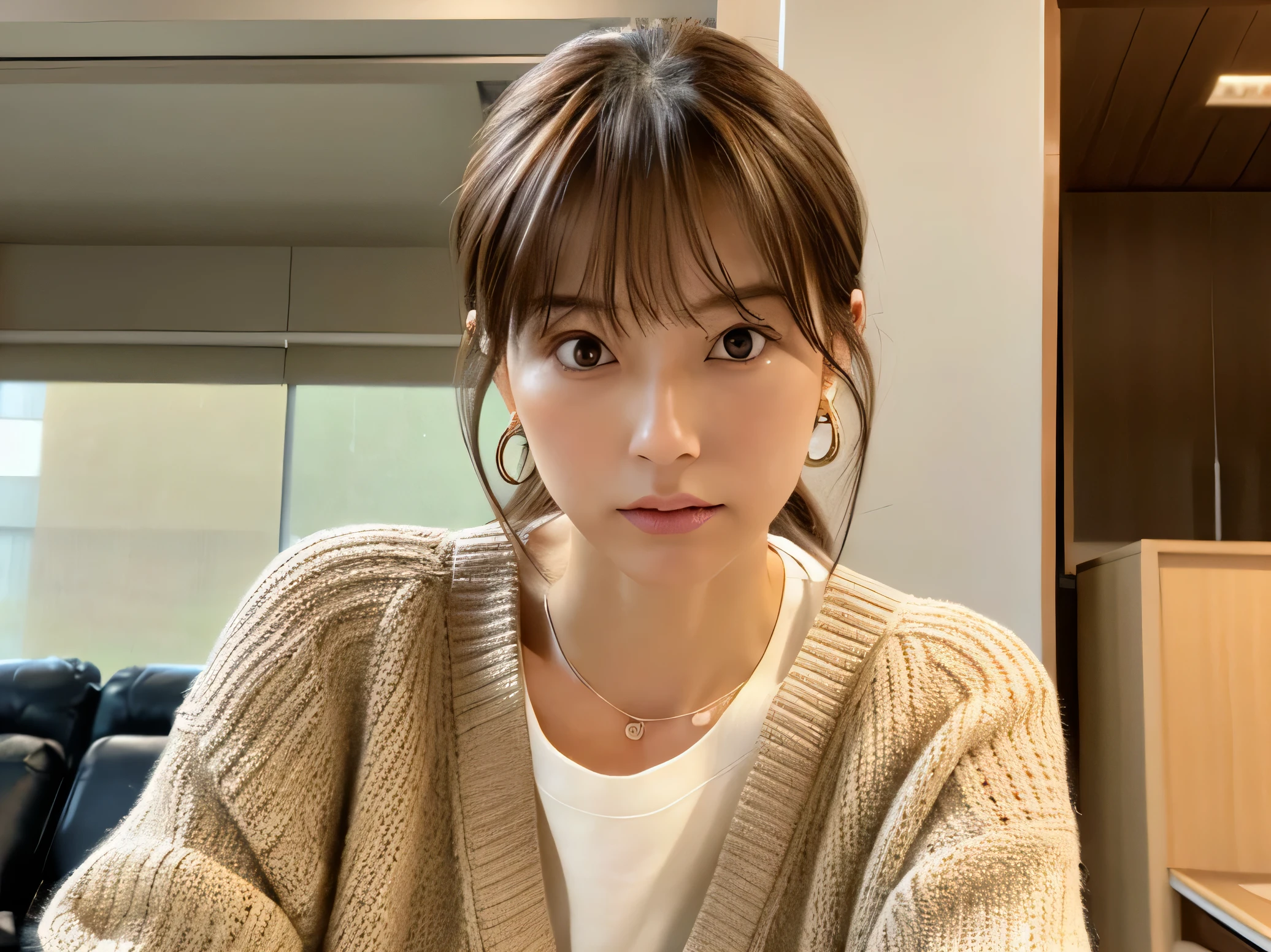Look into the eyes,　Eye contact,　Front of face,　Front face,　face,　head,　Cross-legged,　indoor,　Brown Hair,　bangs,　Light clothing,　cardigan,　Sweat,　Sweaty,　Sweat,　clavicle,　Cross-legged,　Light from below,　chest,　Earrings