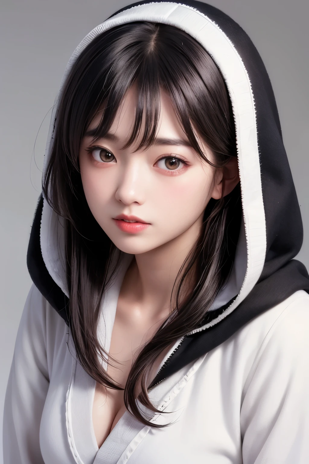 (1 nogizaka girl,raw photo,photo realistic:1.5),(best quality, high quality,HDR, highest quality,ultra high resolution,high resolution,high res,ultra high difinition,huge file size,8K,2K wallpaper,8K wallpaper,high quality texture,amazing,an extremely delicate:1.4),one girl, Japanese famous idol,beautiful face,small face,absurd,ridiculous,incredibly ridiculous,portrait,breasts close up,blurry background,(hooded,cleavage,no makeup:1.2),(six_heads tall),medium skin,beautiful skin,detailed skin,six heads tall,black hair,silky hair,(Japanese eyes:1.3),detailed eyes,black eyes,Japanese idol eyes,triangle eyes,Japanese nose,5-fingers,(Light Particles, Lens Flare, Luminous Particles: 0.7),looking at viewer,bright lighting,professional lighting,girl