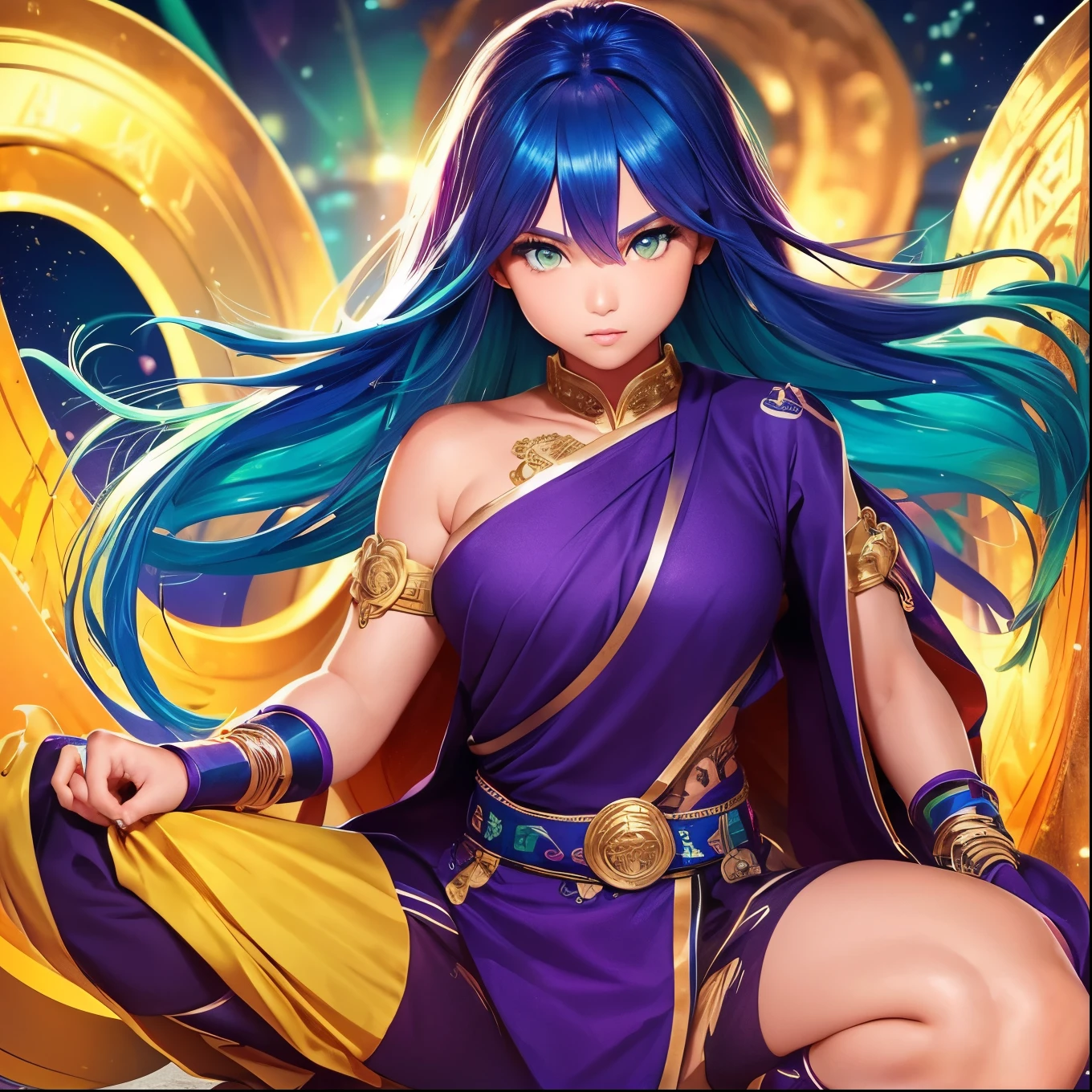 Human girl,monk,tanned,blue hair,gold eyes,purple&green outfit