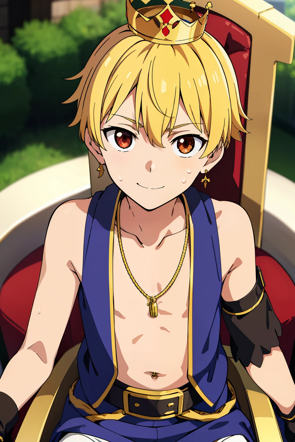 Highres, Masterpiece, Best quality at best,Best Quality,hight quality, hight detailed, 1boy, Boy, Solo, Blonde, Earring, Shota, British royal, King's robes, Luxurious crown, Double belts, Jawels necklace, Jawel navel piercing, Gloves, Sitting on the throne, Sleeveless vest, Bare arm, Slim body, smile, sweat, Simple beckground, Seen from the front, Look at viewer, Upper body, Depth of field, (very small and short stature), (very young boy), s, Blurry beckground