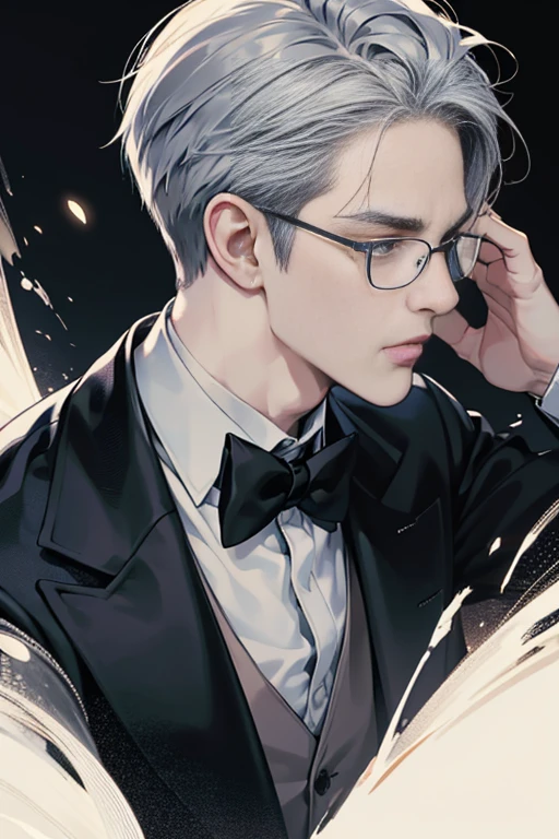 decimal (Death Parade), 1 man, 35yo,(Black bristles), Man wearing glasses, close-up face, Profile picture,Formal and restrained attire, black black jacket,White shirt, professional look,whaite hair, Silver color, Tired look,