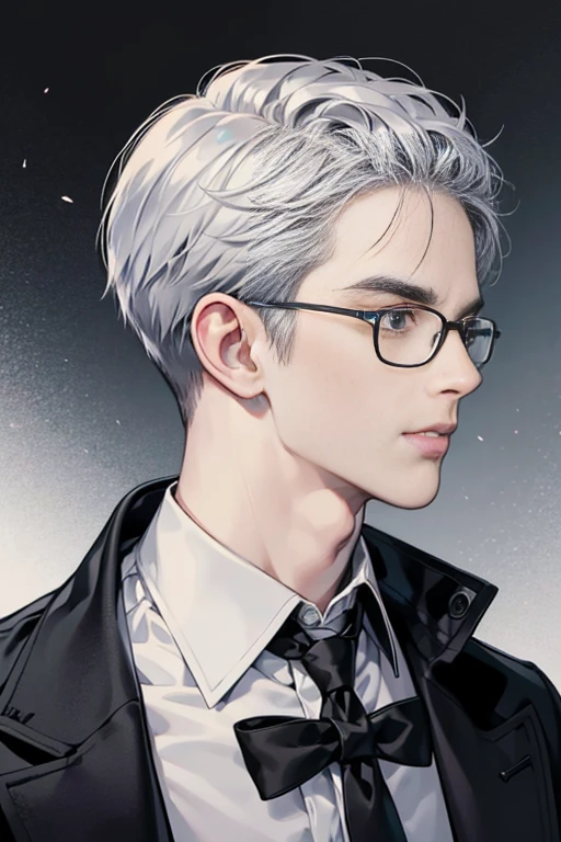 decimal (Death Parade), 1 man, 35yo,(Black bristles), Man wearing glasses, close-up face, Profile picture,Formal and restrained attire, black black jacket,White shirt, professional look,whaite hair, Silver color, Tired look,