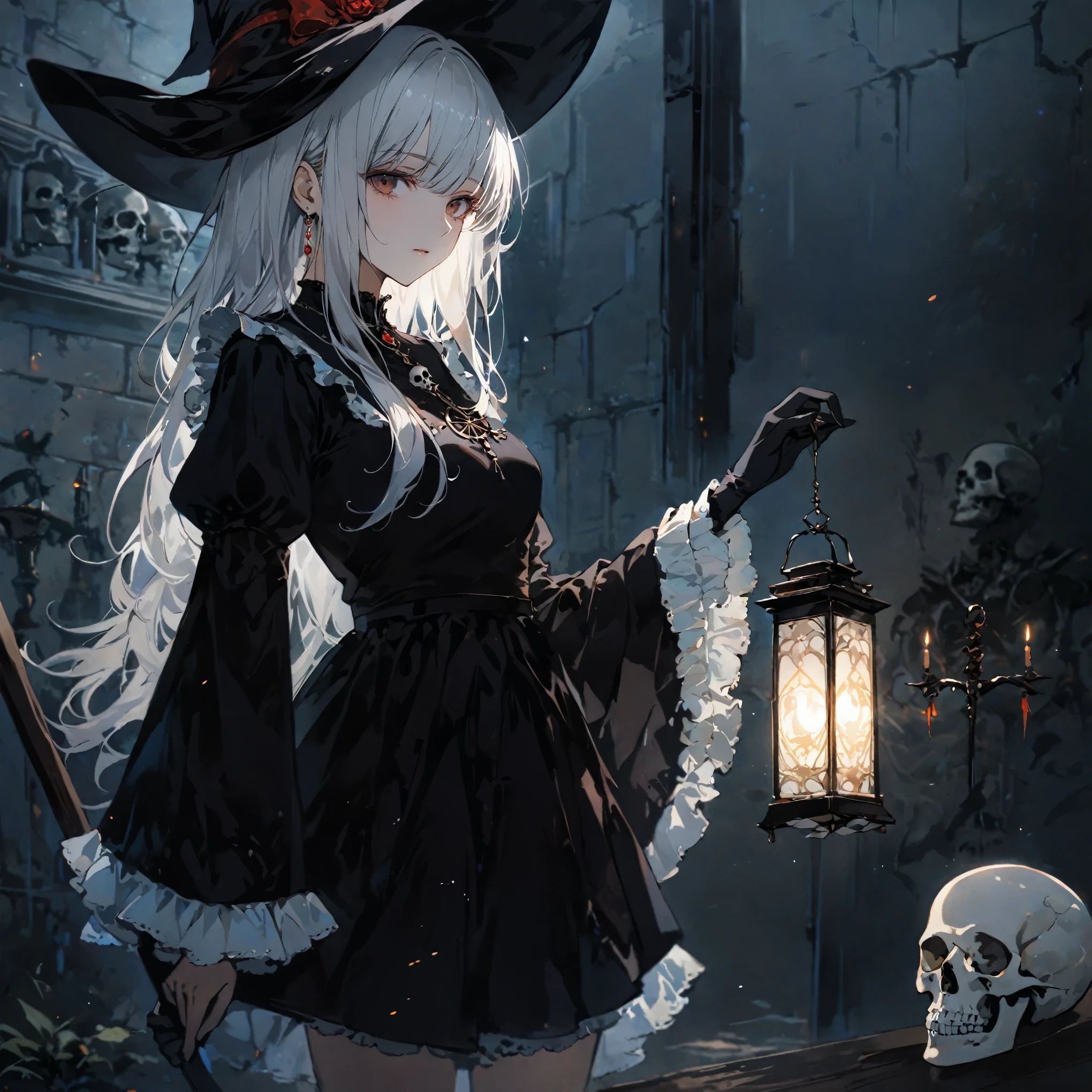 score_9, score_8_up, score_7_up, source_anime, masterpiece, best quality, high resolution, extremely detailed CG, absurdres, at a dark night, midnight, indoors, in a dark and mysterious mansion, 1girl, solo, ((expressionless)), A Magus girl with white hair holding a lantern and carry a magical scythe, witch hat, frill short skirt, red and black outfit, scythe, skull on table, wall decorate with bone, black_theme, candela, ((mysterious)), ((Occultism)), (black_magic),more detail XL,(((perfect hands))), ((holding a lantern))