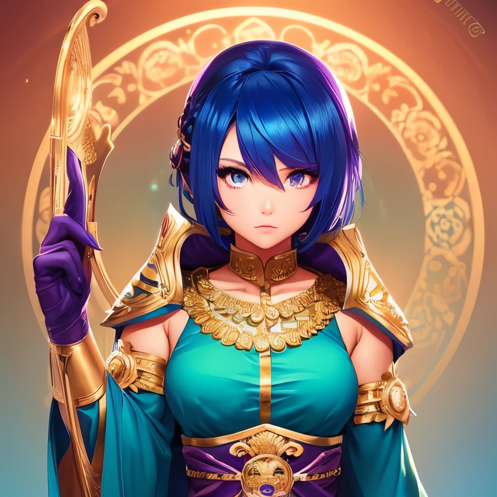 Human girl,monk,tanned,blue hair,gold eyes,purple&green outfit