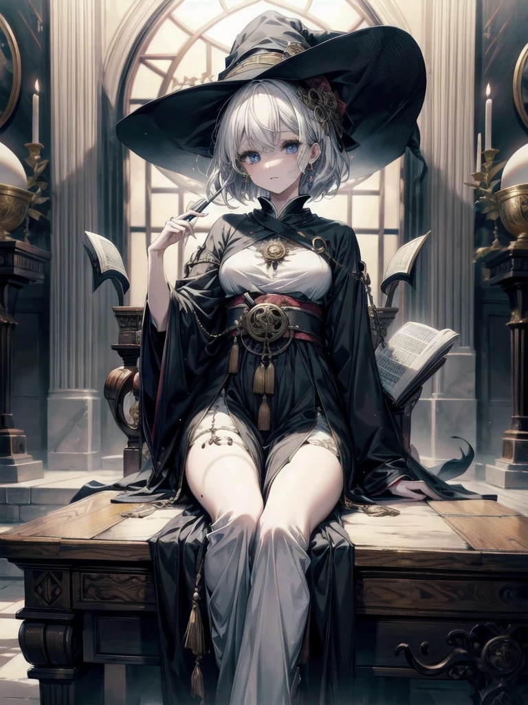 medium wide shot, whole body, Anime character, arcane books and scrolls, a grand fireplace, traditional witch outfit, hat, absurdres, RAW photo, extremely delicate and beautiful, masterpiece, Best Quality, ultra high resolution, 32k, hyperrealistic, ultra-detailed, perfect figure, perfect shape, detailed description, pale skin, 20 years old, detailed beautiful face and eyes, tearful mole, earring, short medium hair, wavy hair,