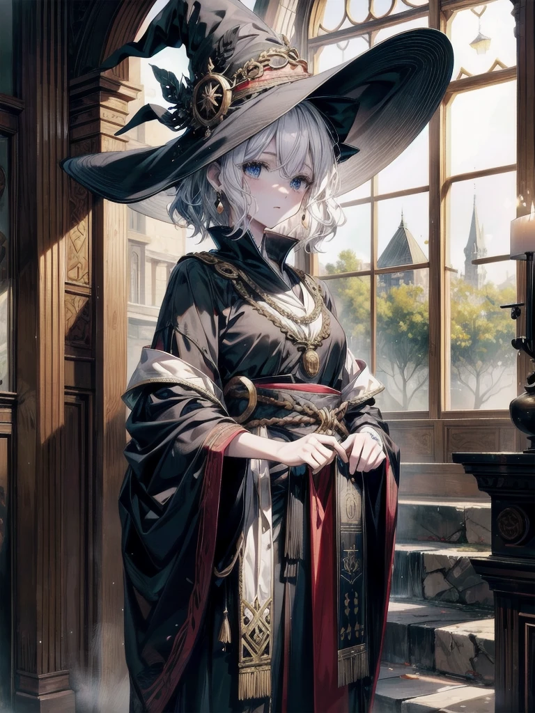 medium wide shot, whole body, Anime character, arcane books and scrolls, a grand fireplace, traditional witch outfit, hat, absurdres, RAW photo, extremely delicate and beautiful, masterpiece, Best Quality, ultra high resolution, 32k, hyperrealistic, ultra-detailed, perfect figure, perfect shape, detailed description, pale skin, 20 years old, detailed beautiful face and eyes, tearful mole, earring, short medium hair, wavy hair,