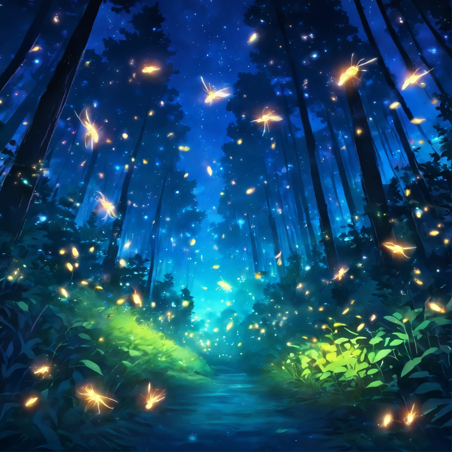 fireflies flying in the night sky above a forest path, fireflies and sparkling wisps, magical forest with fireflies, glowing fireflies, fireflies!!!!, firefly forest at night, fireflies!!, cozy night fireflies, fireflies around, fireflies glowing, fireflies flying in the forest, fireflies flying around, fireflies