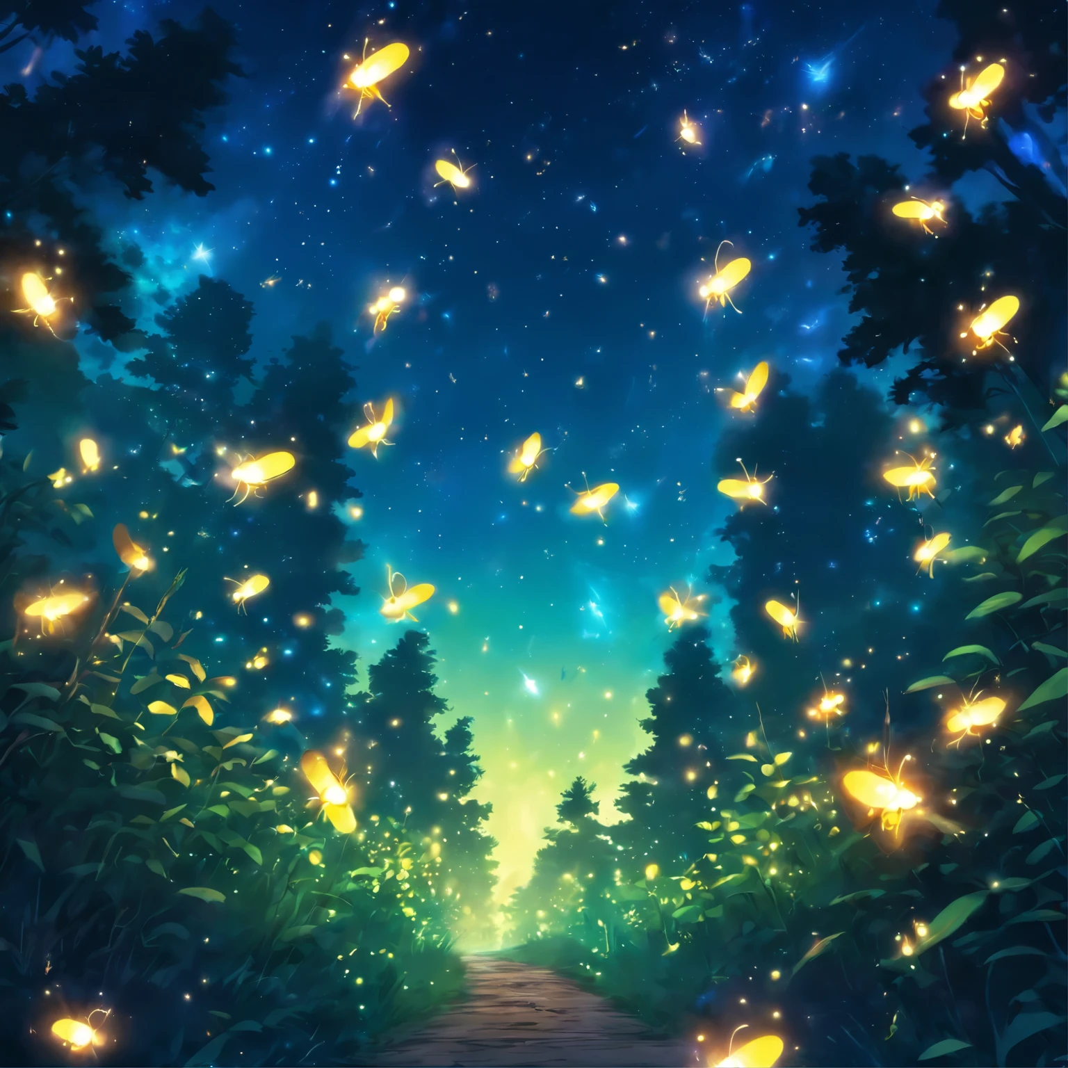 fireflies flying in the night sky above a forest path, fireflies and sparkling wisps, magical forest with fireflies, glowing fireflies, fireflies!!!!, firefly forest at night, fireflies!!, cozy night fireflies, fireflies around, fireflies glowing, fireflies flying in the forest, fireflies flying around, fireflies