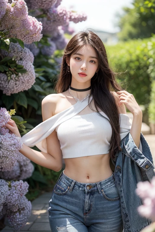 official art,All-in-one 8K wallpapers,very detailed,beautiful,Beautiful Japanese girl,FACIAL MIX OF PHOEBE CATES, Masterpiece,best quality,Full body image from the knees, Qi Chun in the Traditional Gods,Long Lilac Hair,be be busy,be busy),black stripe,purple white ta,purple flowers,Cinema lights,abstract,Little clothes, wear short clothes, Low-rise jeans above the hips.,Showing off a small belly,upper body, ( big breasts, sexy, beautiful, A short crop top partially covers the breasts...,open shoulder,perfect body: 1.3),choker,diamond necklace, Strong body with tight muscles, Abdominal muscles, Big hips with tight muscles. see the muscle groove