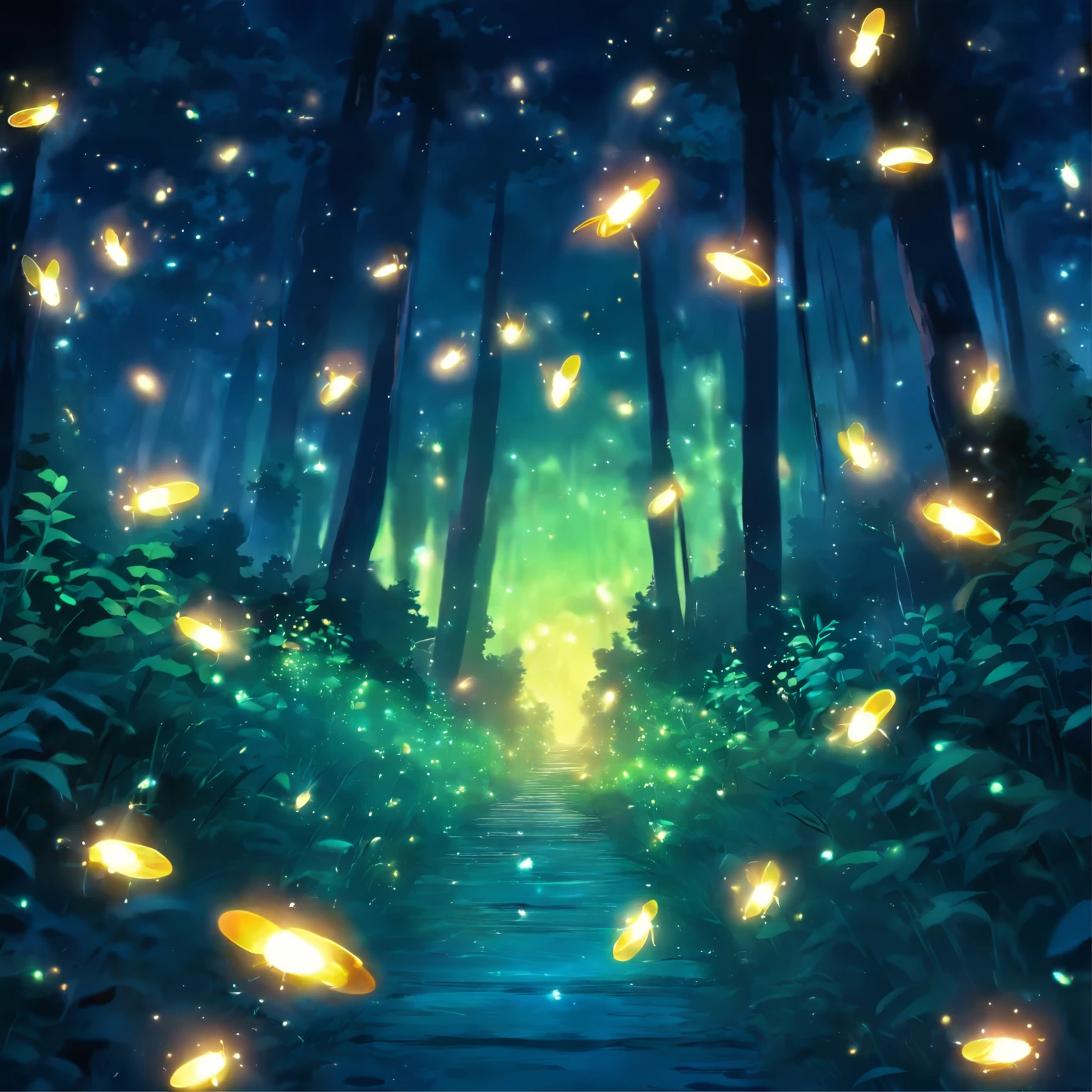 fireflies flying in the night sky above a forest path, fireflies and sparkling wisps, magical forest with fireflies, glowing fireflies, fireflies!!!!, firefly forest at night, fireflies!!, cozy night fireflies, fireflies around, fireflies glowing, fireflies flying in the forest, fireflies flying around, fireflies