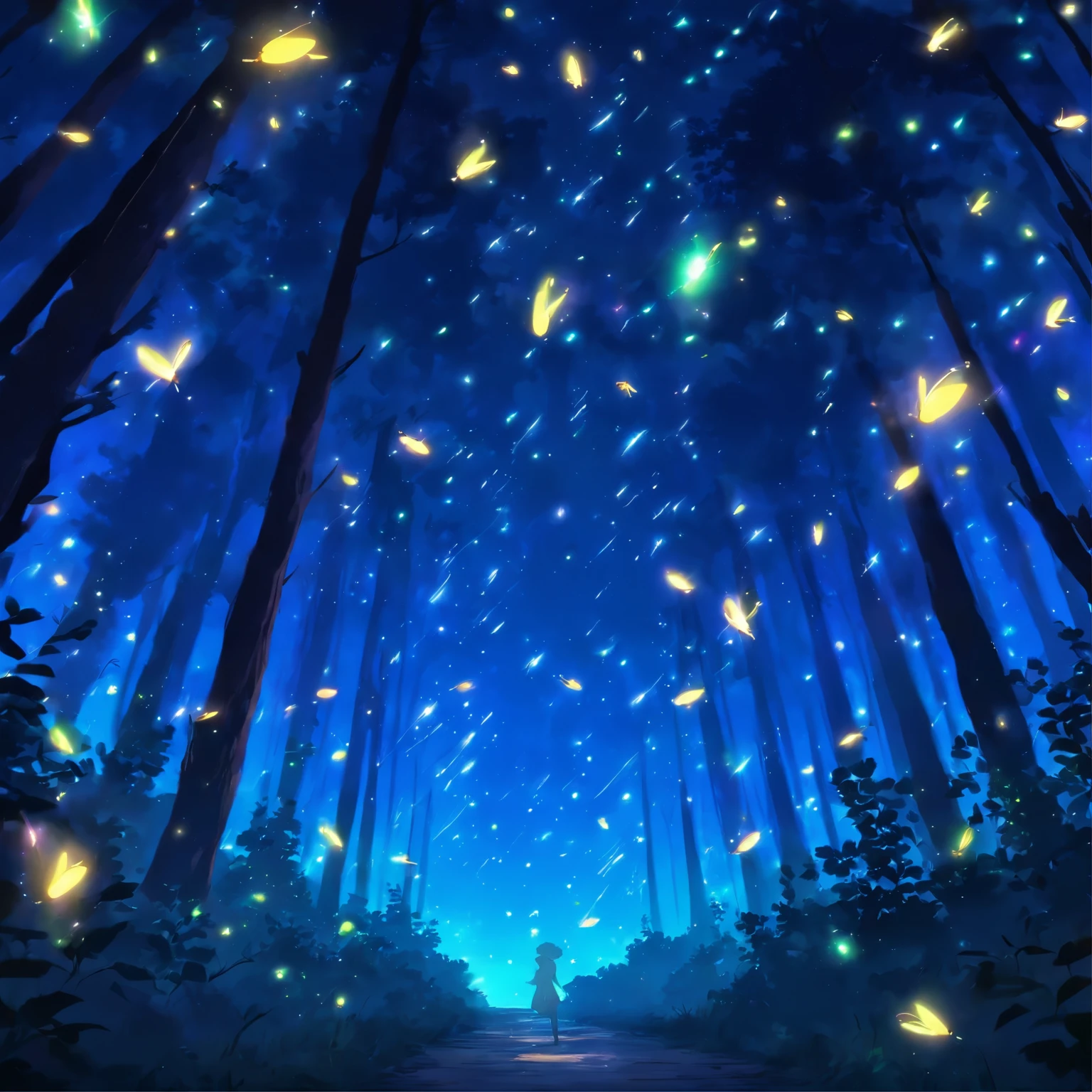 fireflies flying in the night sky above a forest path, fireflies and sparkling wisps, magical forest with fireflies, glowing fireflies, fireflies!!!!, firefly forest at night, fireflies!!, cozy night fireflies, fireflies around, fireflies glowing, fireflies flying in the forest, fireflies flying around, fireflies