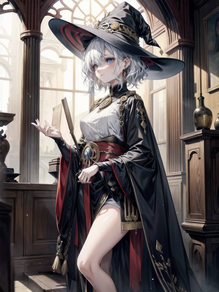 extreme wide shot, whole body, Anime character, arcane books and scrolls, a grand fireplace, traditional witch outfit, hat, absurdres, RAW photo, extremely delicate and beautiful, masterpiece, Best Quality, ultra high resolution, 32k, hyperrealistic, ultra-detailed, perfect figure, perfect shape, detailed description, pale skin, 20 years old, detailed beautiful face and eyes, tearful mole, earring, short medium hair, wavy hair,