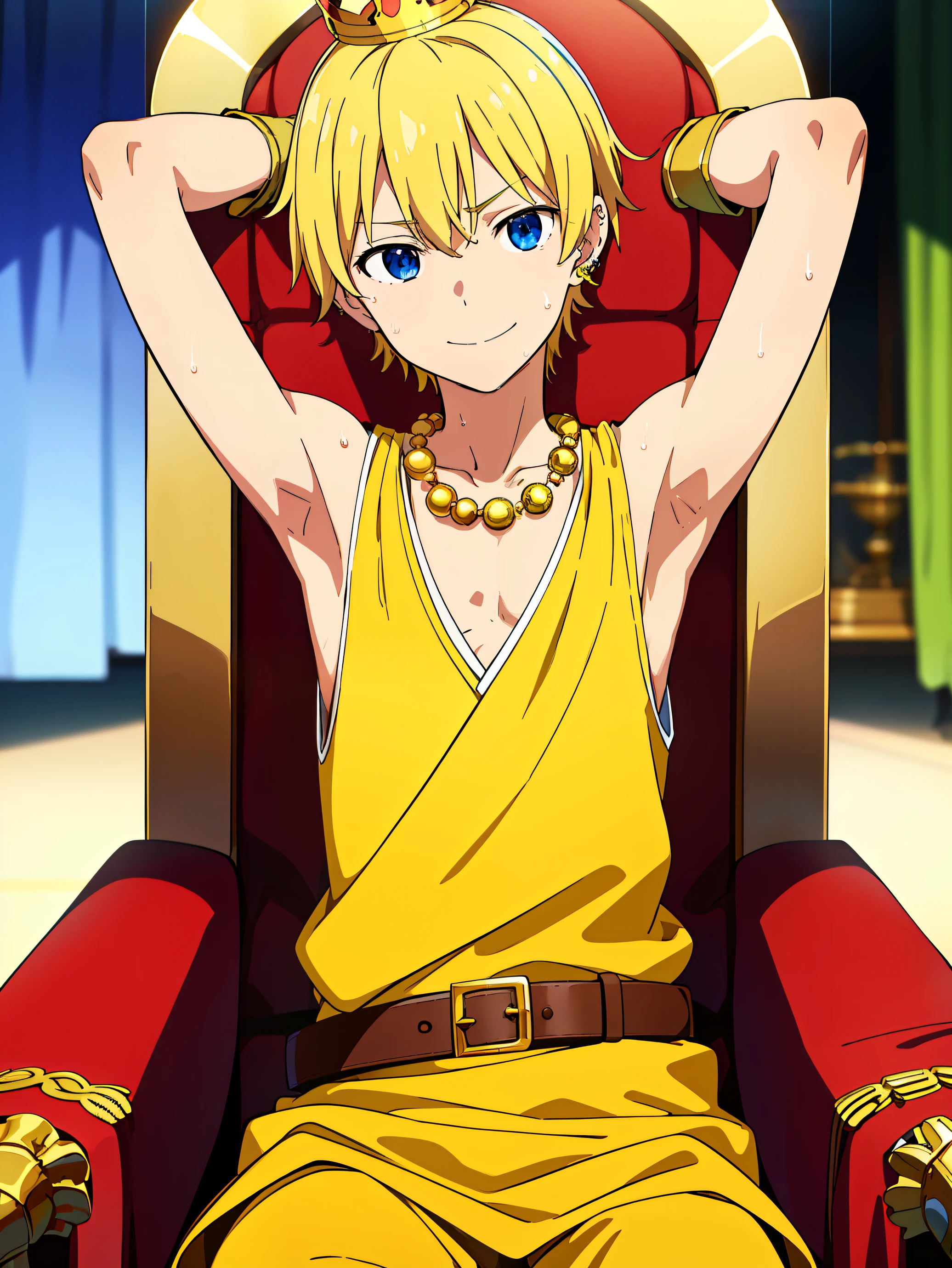 Highres, Masterpiece, Best quality at best,Best Quality,hight quality, hight detailed, 1boy, Boy, Solo, Blonde, Earring, Shota, British royal, King's robes, Luxurious crown, Double belts, Jawels necklace, Jawel navel piercing, Gloves, Sitting on the throne, Sleeveless vest, Bare arm, Slim body, smile, sweat, Simple beckground, Seen from the front, Look at viewer, Upper body, Depth of field, (Showing armpit:1.3), (very small and short stature), (very young boy), s, Blurry beckground
