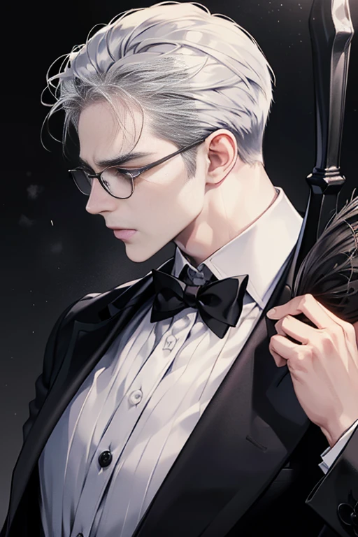 decimal (Death Parade), 1 man, 35yo,(Black bristles), Man wearing glasses, close-up face, Profile picture,Formal and restrained attire, black black jacket,White shirt, professional look,whaite hair, Silver color, Tired look,