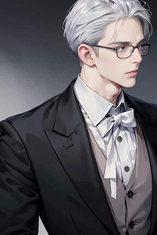 decimal (Death Parade), 1 man, 35yo,(Black bristles), Man wearing glasses, close-up face, Profile picture,Formal and restrained attire, black black jacket,White shirt, professional look,whaite hair, Silver color, Tired look,