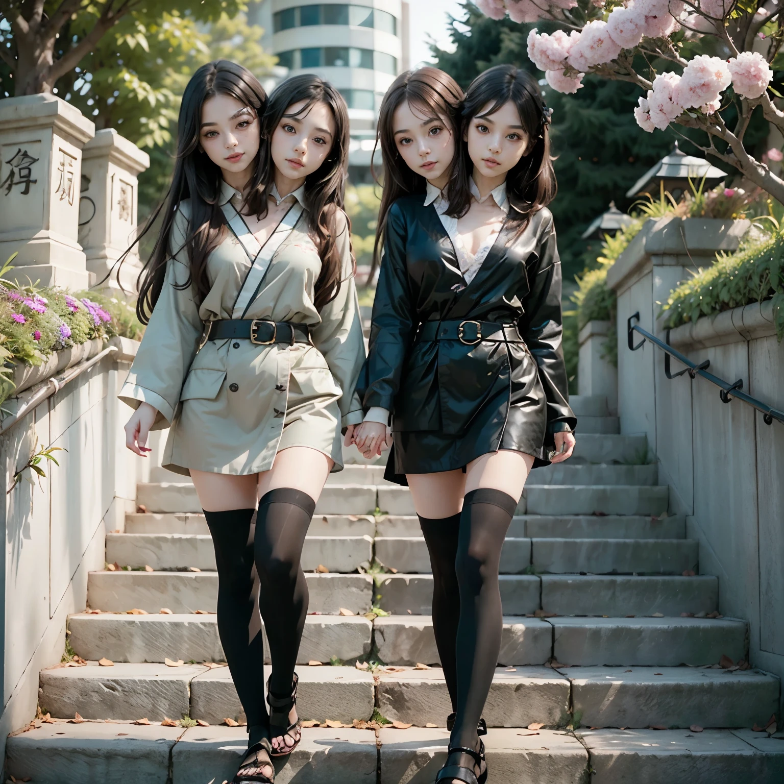 ((masterpiece,best quality)),2girls, black kimono, black legwear, black ribbon, black hair, cherry blossoms, day, flower, hair bun, hair ribbon, japanese clothes, kimono, long hair, looking at viewer, looking back , multiple girls, belts, outdoors, red eyes, red hair, ribbon, sandals, single bun, stairs, standing, statue, torii, tree, white kimono, yellow eyes, (two heads)