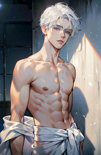 (absurderes, A high resolution, Ultra detailed, hdr), Masterpiece, Best quality, A boy, 10 me, Solo, Handsome, Short hair,pointy hair, White hair, eBlue eyes, finely eye and detailed face, Real Shadow, Topless, A white towel is wrapped around the waist