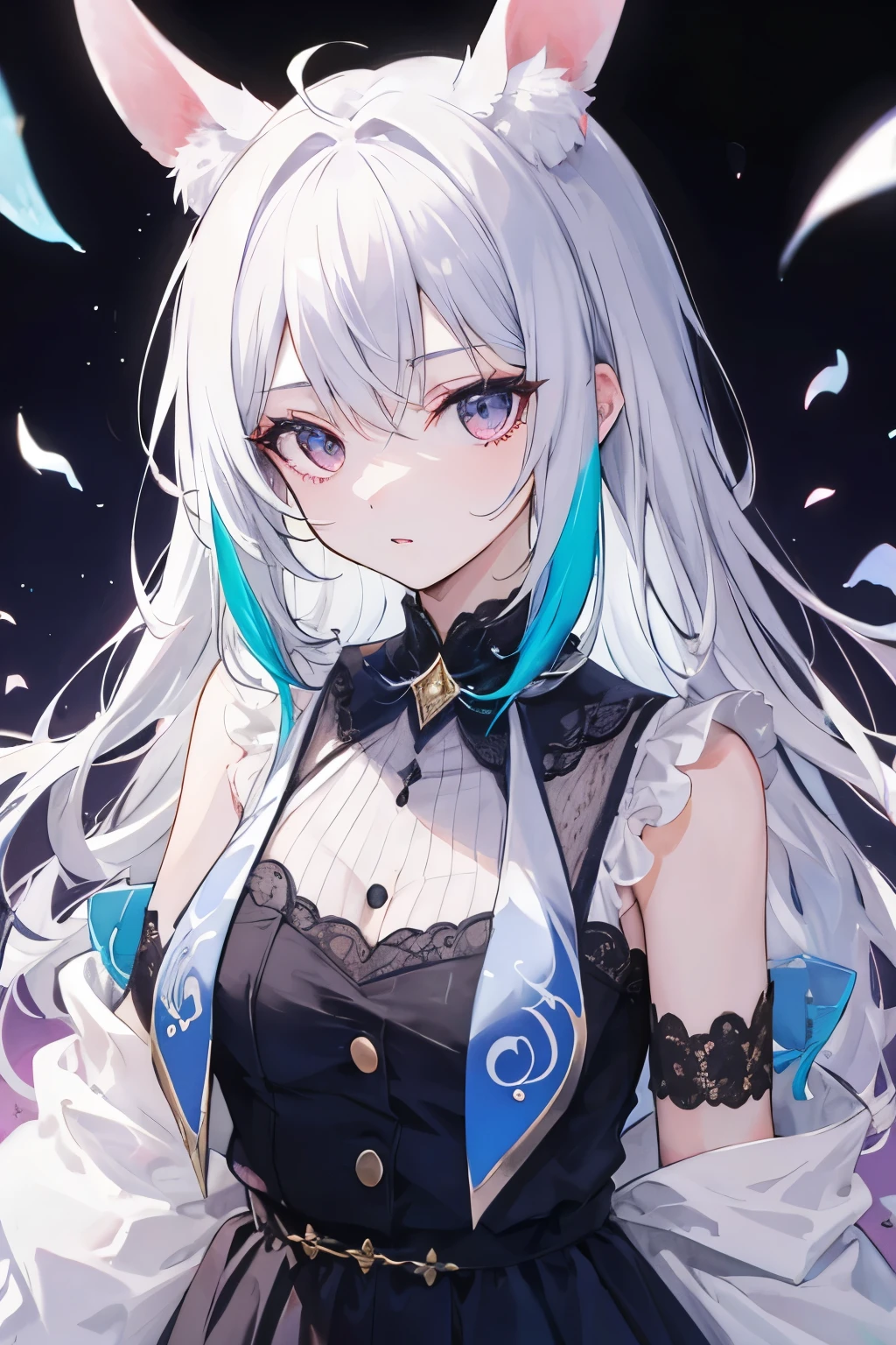 Una chica,Cabello Blanco,Vestido de colores,Orejas de conejo,Ojos celestes