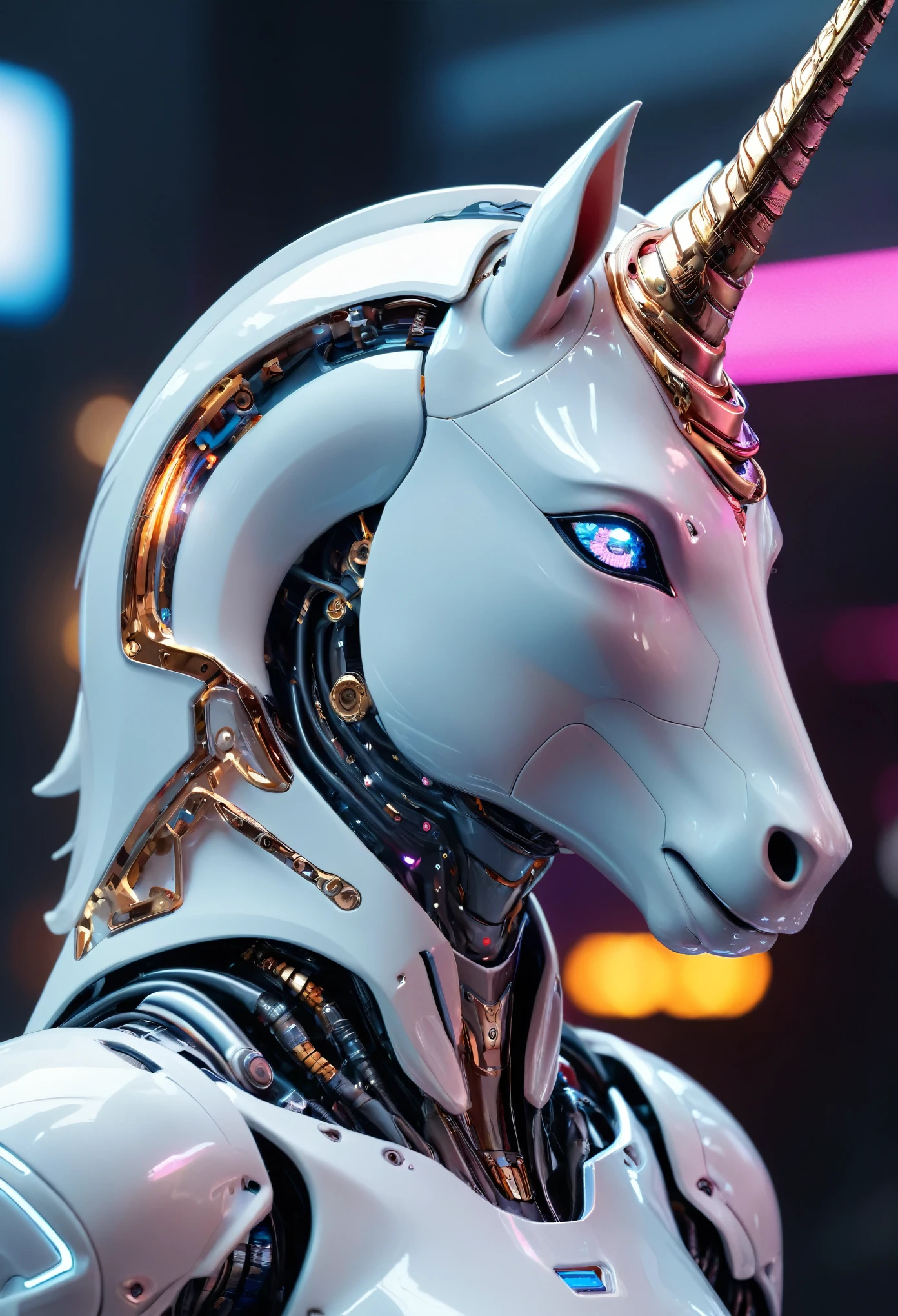 (best quality,4k,highres,masterpiece:1.2),ultra-detailed,(realistic,photorealistic:1.37), A breathtakingly beautiful female humanoid unicorn cyborg android, (a shimmering unicorn horn:1.8), porcelain skin, striking eyes, delicate features, futuristic sci-fi, intricate mechanical parts, glowing cybernetic implants, elegant and graceful pose, hyper-realistic, photorealistic, masterpiece, 8k, ultra-detailed, cinematic lighting, dramatic shadows, vivid colors, highly saturated, neon highlights, glowing energy fields, complex machinery, sleek and modern, cutting-edge technology, advanced AI, seamless integration of organic and mechanical elements