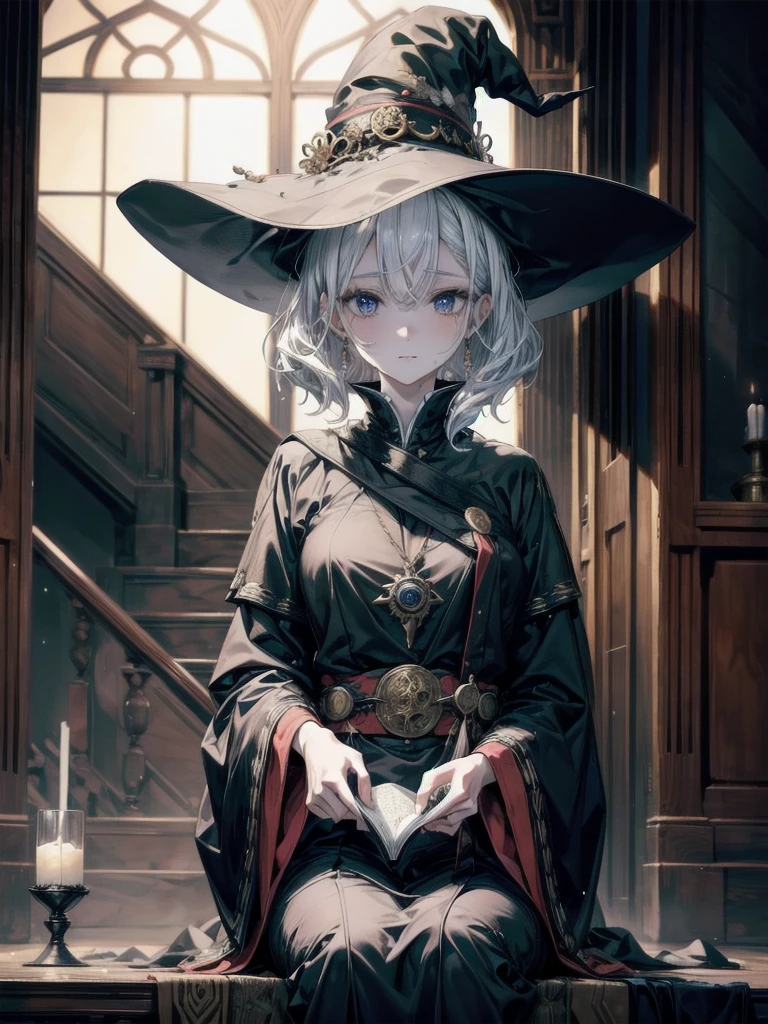 wide view, Anime character, arcane books and scrolls, a grand fireplace, traditional witch outfit, hat, absurdres, RAW photo, extremely delicate and beautiful, masterpiece, Best Quality, ultra high resolution, 32k, hyperrealistic, ultra-detailed, perfect figure, perfect shape, detailed description, pale skin, 20 years old, detailed beautiful face and eyes, tearful mole, earring, short medium hair, wavy hair,