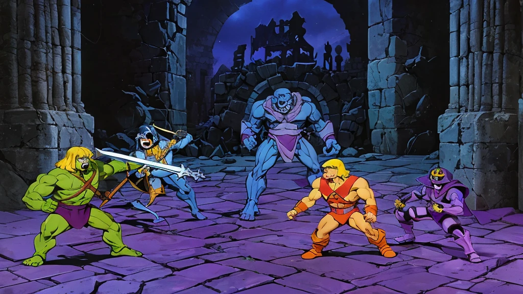 He Man and the Masters of the Universe, He Man battles Skeletor's minions to save a damsel in distress. Ruins of a castle