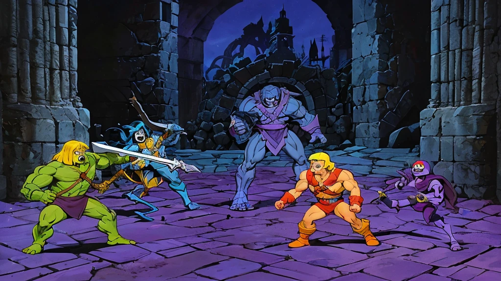 He Man and the Masters of the Universe, He Man battles Skeletor's minions to save a damsel in distress. Ruins of a castle