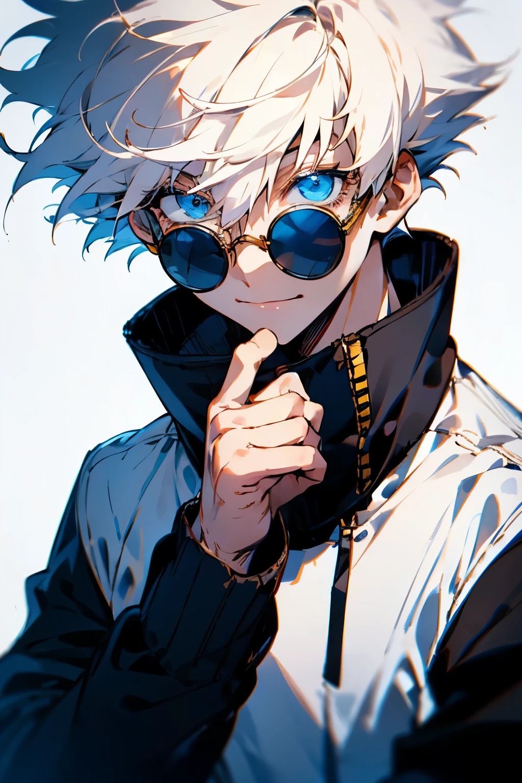 gojou satoru, solo, looking at viewer, smile, short hair, bangs, blue eyes, simple background, long sleeves, 1boy, white background, hair between eyes, closed mouth, jacket, upper body, white hair, male focus, pants, hand up, black jacket, eyelashes, sunglasses, high collar, colored eyelashes, round eyewear