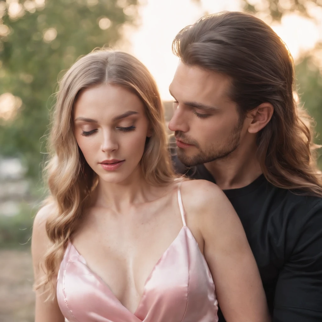 beautiful white girl with long hair, wearing pink sexy satin dress, handsome man wearing black tshirt, black pants, kissing passionately