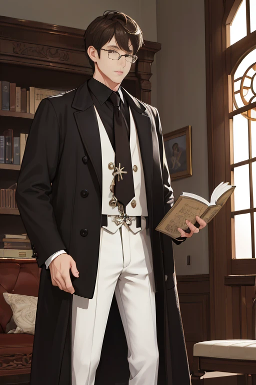 (((absurderes、hight resolution、ultra-detailliert)))、(1male people、solo：１.9、Adults、Slender men、Wearing round lens glasses、)、Gentlemanly men、brown haired、Gray eyes、(shorth hair、dishevled hair、long limbodel body type)、tatteredclothing、（（（Large coat。）））long court。Classic fashion、Young adolescents、darkened room、Best light and shadow、oud、Fine dust、concentrating、Reading、depth of fields、extra detailed face、nerdy、cowboy  shot