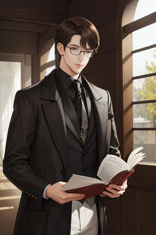 (((absurderes、hight resolution、ultra-detailliert)))、(1male people、solo:1.9、Adults、Slender men、Wearing round lens glasses、)、Gentlemanly men、brown haired、Gray eyes、(shorth hair、dishevled hair、long limbodel body type)、tatteredclothing、(((Large coat。)))long court。Classic fashion、Young adolescents、darkened room、Best light and shadow、oud、Fine dust、concentrating、Reading、depth of fields、extra detailed face、nerdy、cowboy shot