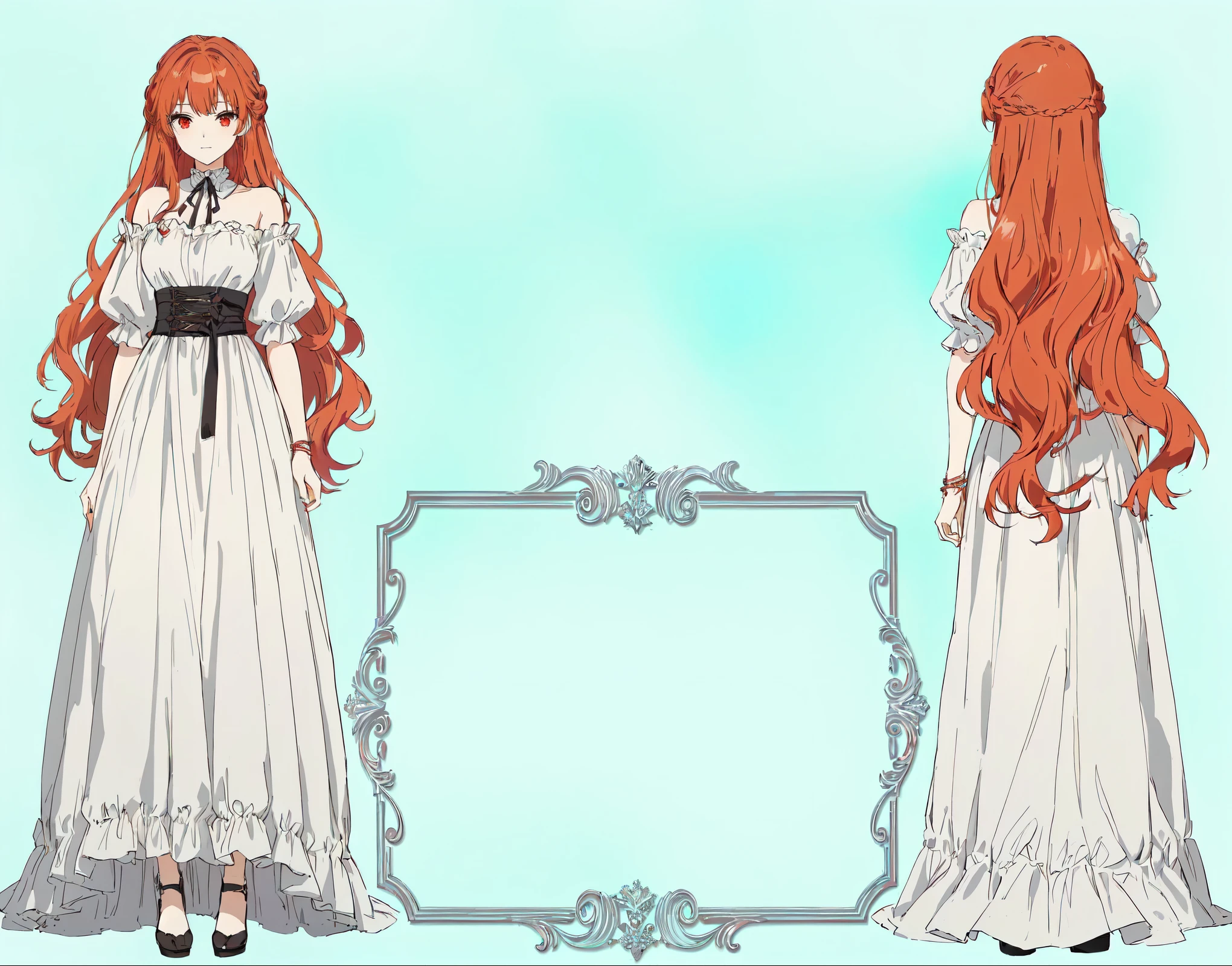 anime - an image of a woman in a white dress with long red hair in anime style., Official character art, !!Full length portrait!!, Official character art, Anime Full Body Illustration, she has long red hair, cute anime waifu in a beautiful dress, beautiful anime character design, Shōjo manga character design, Full length character portrait, visual novel sprite, official art, Red eyes