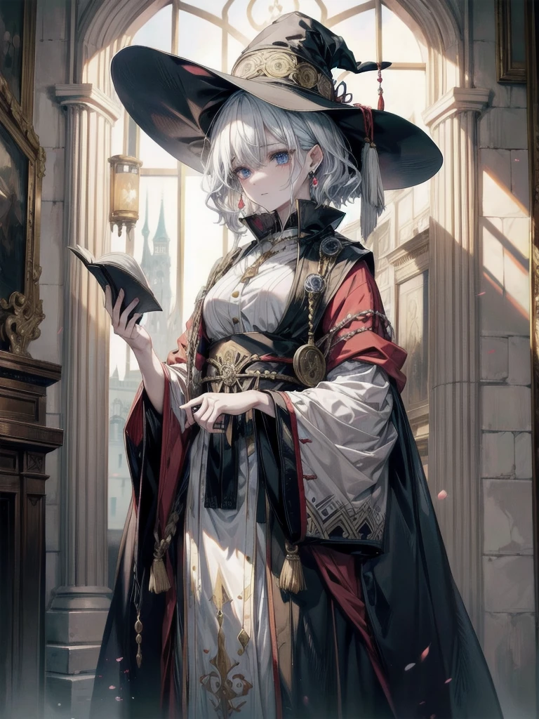 wide shot, Anime character, arcane books and scrolls, a grand fireplace, traditional witch outfit, hat, absurdres, RAW photo, extremely delicate and beautiful, masterpiece, Best Quality, ultra high resolution, 32k, hyperrealistic, ultra-detailed, perfect figure, perfect shape, detailed description, pale skin, 20 years old, detailed beautiful face and eyes, tearful mole, earring, short medium hair, wavy hair,