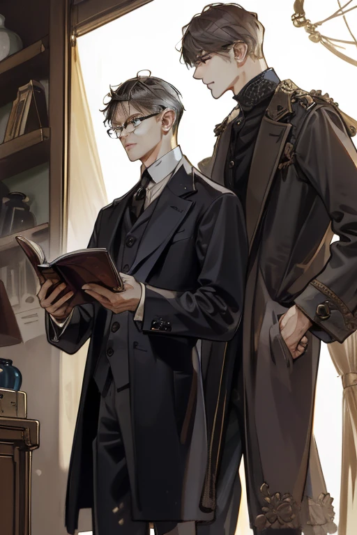 (((absurderes、hight resolution、ultra-detailliert)))、(1male people、solo:1.9、Adults、Slender men、Wearing round lens glasses、)、Gentlemanly men、brown haired、Gray eyes、(shorth hair、dishevled hair、long limbodel body type)、tatteredclothing、(((Large coat。)))long court。Classic fashion、Young adolescents、darkened room、Best light and shadow、oud、Fine dust、concentrating、Reading、depth of fields、extra detailed face、nerdy、cowboy shot