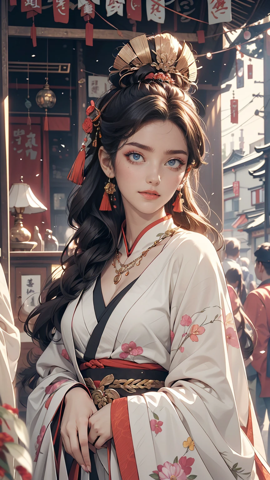 (masterpiece, highest quality, Super detailed, High resolution, Absurd, best ilroomnation, In detail, bloom, 顔of照明, 最高of照明, In detailed beautiful eyes, 光沢ofある髪 , Perfect Face, 光沢ofある肌), Are standing, Outdoor, depth_of_Field, Dawn, Daytime, whole body, オランダof_angle, street,, room_whine, hair ornaments, 黒ofチョーカー, 星ofネックレス