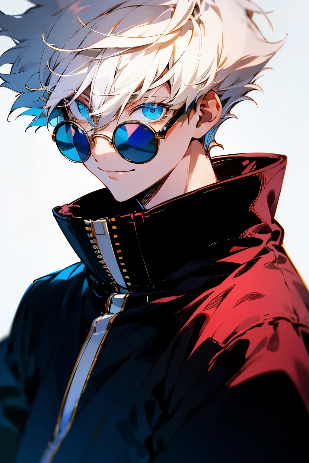 gojou satoru, solo, looking at viewer, smile, short hair, bangs, blue eyes, simple background, long sleeves, 1boy, white background, hair between eyes, closed mouth, jacket, upper body, white hair, male focus, pants, hand up, black jacket, eyelashes, sunglasses, high collar, colored eyelashes, round eyewear