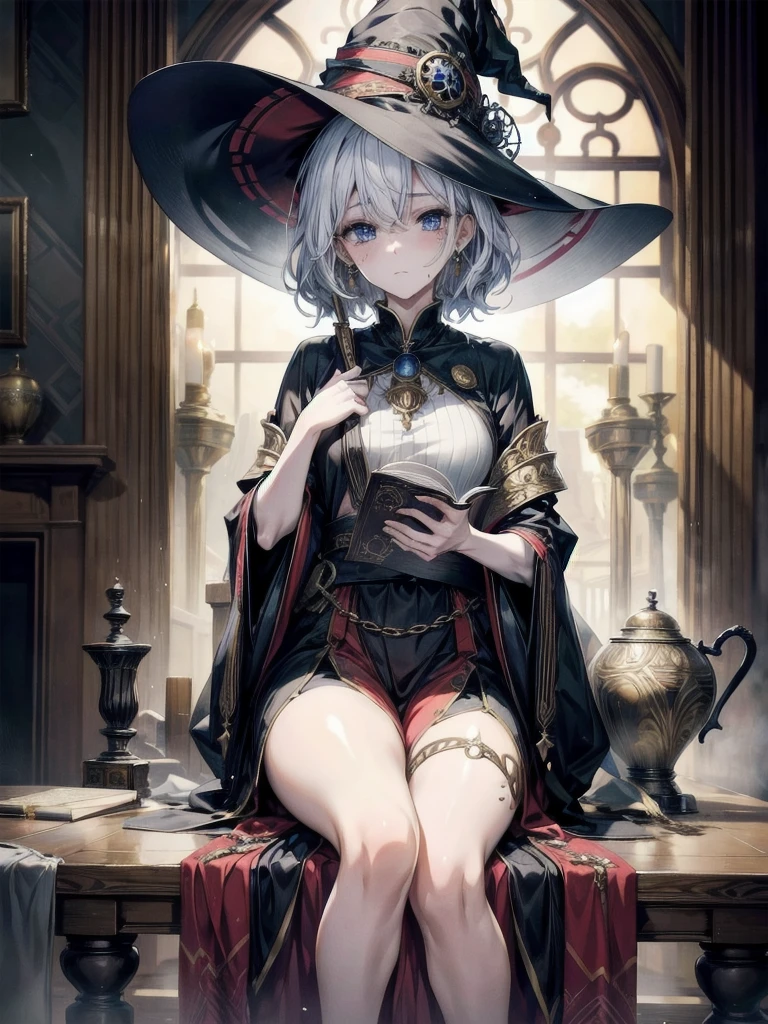 extreme long shot, Anime character, arcane books and scrolls, a grand fireplace, traditional witch outfit, hat, absurdres, RAW photo, extremely delicate and beautiful, masterpiece, Best Quality, ultra high resolution, 32k, hyperrealistic, ultra-detailed, perfect figure, perfect shape, detailed description, pale skin, 20 years old, detailed beautiful face and eyes, tearful mole, earring, short medium hair, wavy hair,