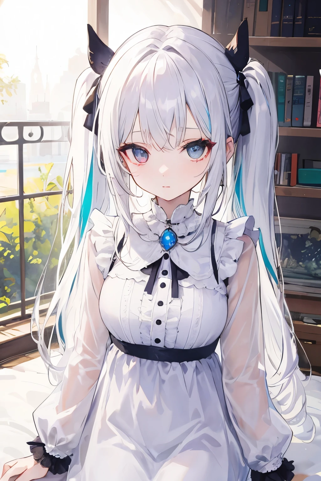 Una chica,Cabello Blanco,Vestido de colores,Orejas de conejo,Ojos celestes