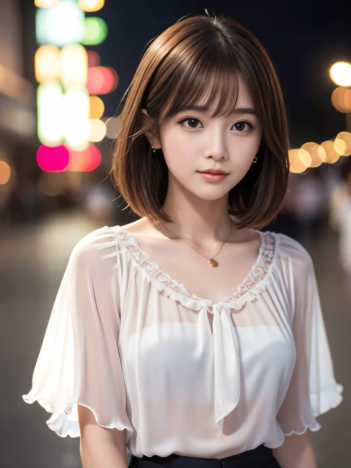 Ultra High Definition, Superior Quality, Premier Quality, ultra detailed, Photorealistic, 8k, RAW Photos, highest quality, masterpiece, Attractive Young girl, Angelic girl, Brown Hair, Korean idol, Short Hair, Mesh Hair, glossy lips, natural makeup, Japanese Idol, Sophisticated, Stylish, model posing,  (chiffon blouse:1.3), bokeh, close up, (at a night downtown:1.3), looking at viewer, 