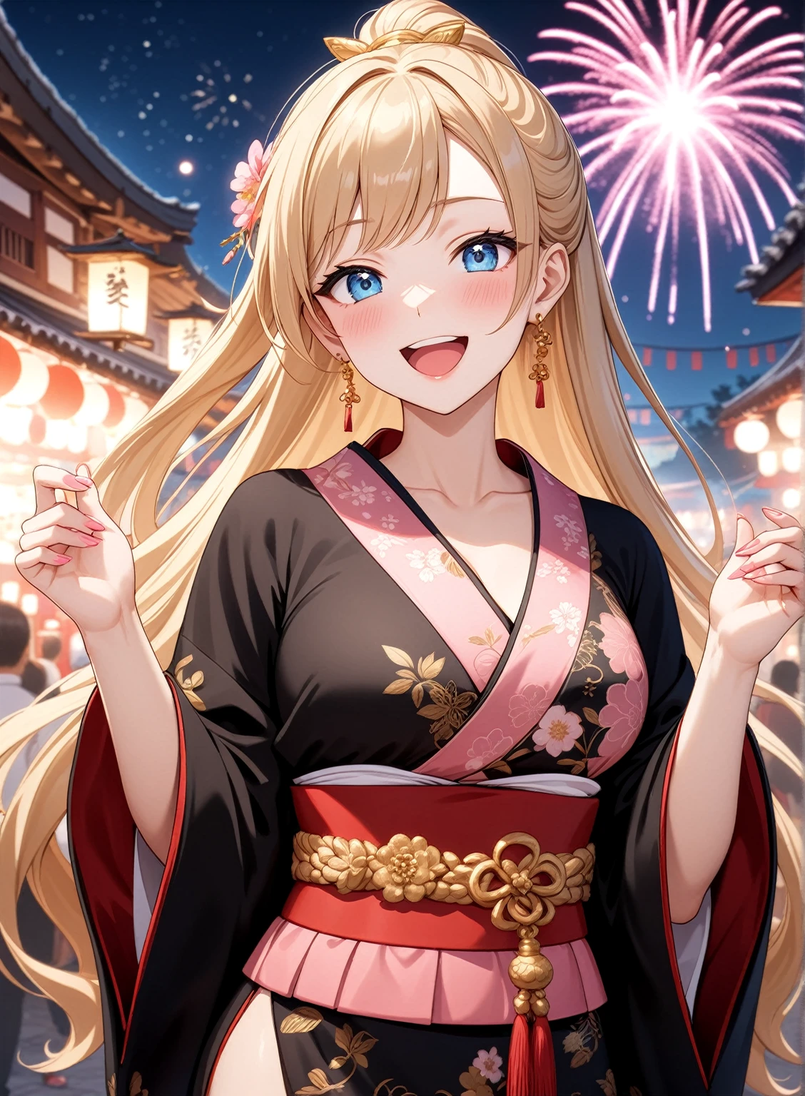 ((One woman)), Beautiful Face,Happy and joyful,(Wink)),Blushing,Laughing with your mouth open,Glossy Lips,Abstract, night,shrine,Festival food stalls, firework,((Anime style background)),masterpiece, highest quality, so beautiful, up to date, Complex details, (Pink long nails),AI-generated, Complex,High resolution, highest quality, super high quality,3D Images、View the viewers、3D Images,one person,Woman with long blonde hair,High Ponytail,blue eyes,Anime woman posing for a photo, [[Fine grain、Colorful eyes、Shining Eyes:1.15]],(Squint your eyes:1.1),a hyperRealistic , hyperRealistic , Realistic , Blonde anime woman with long hair, Smooth anime CG art, A woman in a gorgeous kimono with gold embroidery, Black kimono,Flower pattern kimono,Long flower hair ornament,Earrings,(Large Breasts:1.3),Mature Body,tall,Big Ass,Fine details,Abdominal muscles,Shooting from an angle,(A woman making a heart sign with her hands),(Put your hands together)