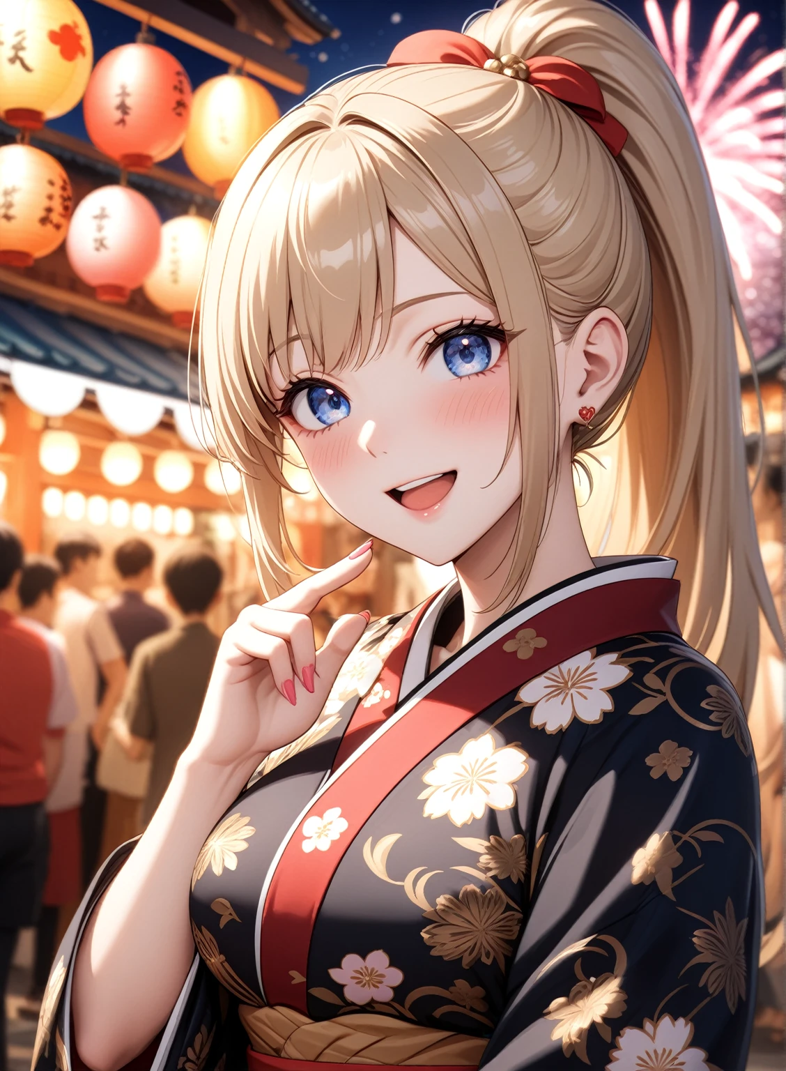 ((One woman)), Beautiful Face,Happy and joyful,(Wink)),Blushing,Laughing with your mouth open,Glossy Lips,Abstract, night,shrine,Festival food stalls, firework,((Anime style background)),masterpiece, highest quality, so beautiful, up to date, Complex details, (Pink long nails),AI-generated, Complex,High resolution, highest quality, super high quality,3D Images、View the viewers、3D Images,one person,Woman with long blonde hair,High Ponytail,blue eyes,Anime woman posing for a photo, [[Fine grain、Colorful eyes、Shining Eyes:1.15]],(Squint your eyes:1.1),a hyperRealistic , hyperRealistic , Realistic , Blonde anime woman with long hair, Smooth anime CG art, A woman in a gorgeous kimono with gold embroidery, Black kimono,Flower pattern kimono,Long flower hair ornament,Earrings,(Large :1.3),Mature all,Big Ass,Fine deta,Abdominal muscles,Shooting from an angle,(A woman making a heart sign with her hands),(Put your hands together)