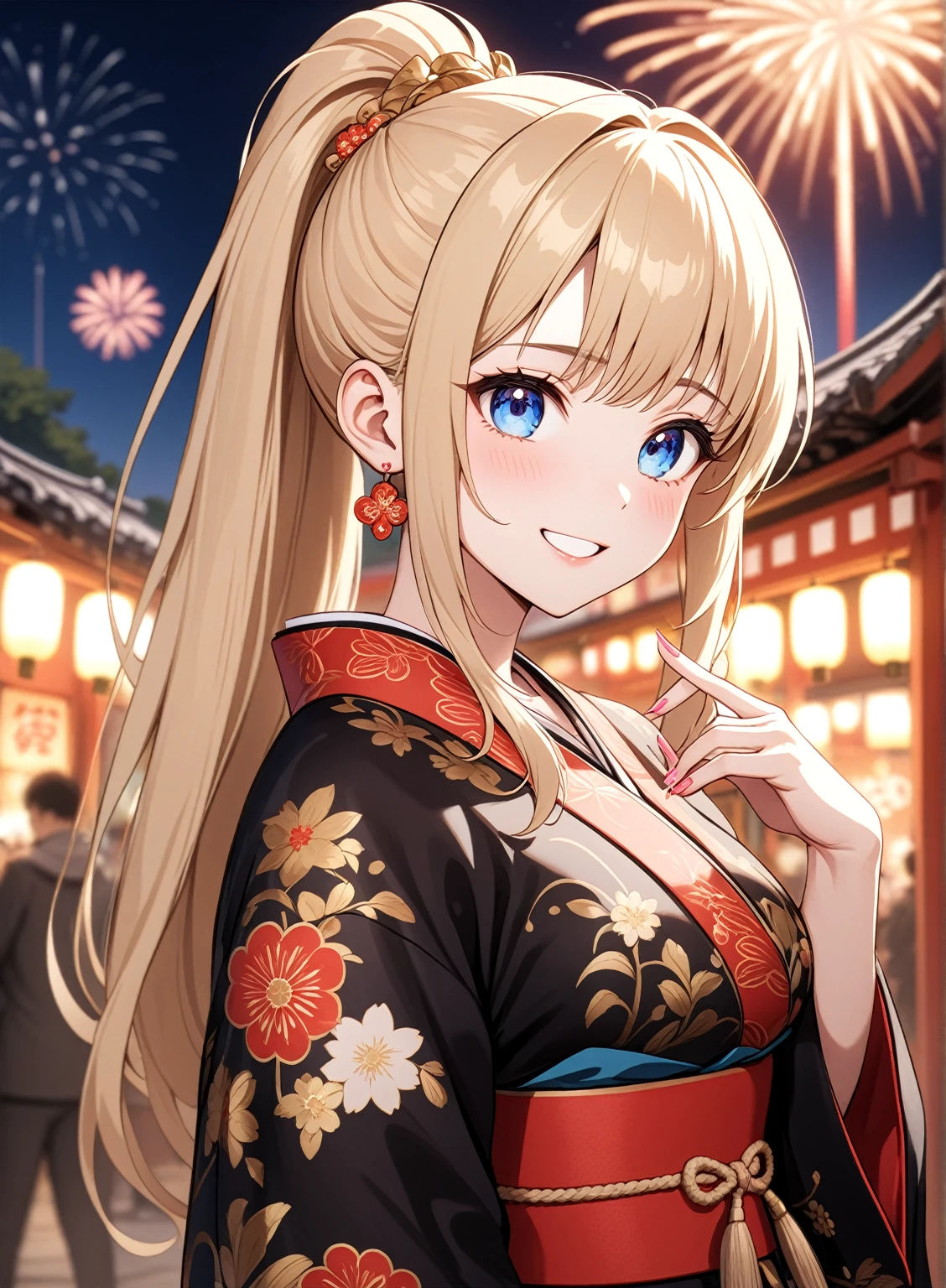 ((One woman)), Beautiful Face,Happy and joyful,(Wink)),Blushing,Laughing with your mouth open,Glossy Lips,Abstract, night,shrine,Festival food stalls, firework,((Anime style background)),masterpiece, highest quality, so beautiful, up to date, Complex details, (Pink long nails),AI-generated, Complex,High resolution, highest quality, super high quality,3D Images、View the viewers、3D Images,one person,Woman with long blonde hair,High Ponytail,blue eyes,Anime woman posing for a photo, [[Fine grain、Colorful eyes、Shining Eyes:1.15]],(Squint your eyes:1.1),a hyperRealistic , hyperRealistic , Realistic , Blonde anime woman with long hair, Smooth anime CG art, A woman in a gorgeous kimono with gold embroidery, Black kimono,Flower pattern kimono,Long flower hair ornament,Earrings,(Large Breasts:1.3),Mature Body,tall,Big Ass,Fine details,Abdominal muscles,Shooting from an angle,(A woman making a heart sign with her hands),(Put your hands together)