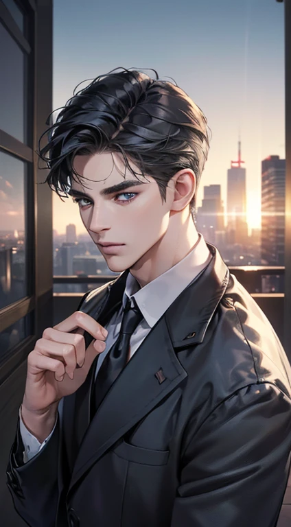 (best quality, masterpiece, 8K, photorealistic, cinematic lighting, 1:4 hdr image, top view, ultra detailed, beautiful image), a mature man, very handsome, short black hair, blue grey eyes, perfect face without errors , ((buttoning his jacket, CEO))