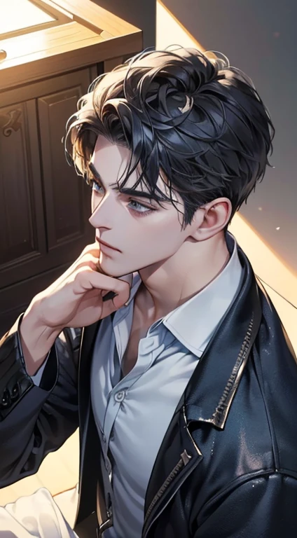 (best quality, masterpiece, 8K, photorealistic, cinematic lighting, 1:4 hdr image, top view, ultra detailed, beautiful image), a mature man, very handsome, short black hair, blue grey eyes, perfect face without errors , ((buttoning his jacket, CEO))